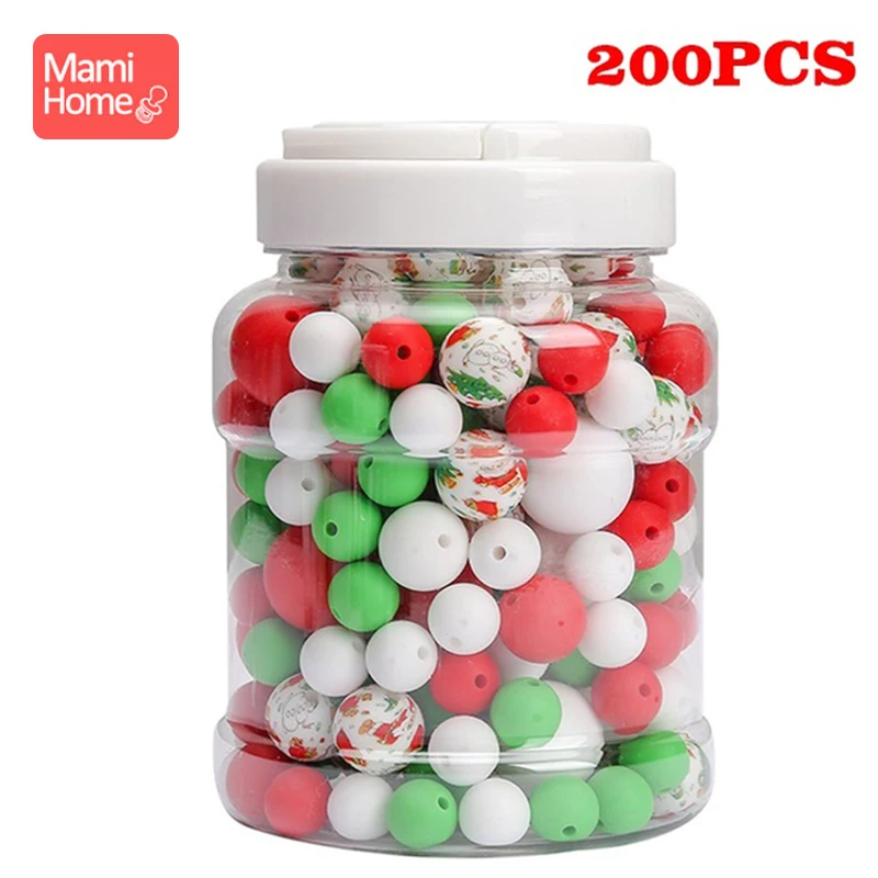 Cuentas con estampado navide&ntilde;o para beb&eacute;, cuentas de silicona para chupete, accesorios para collar Diy, cuentas de dentici&oacute;n de grado alimenticio, 200 piezas-0