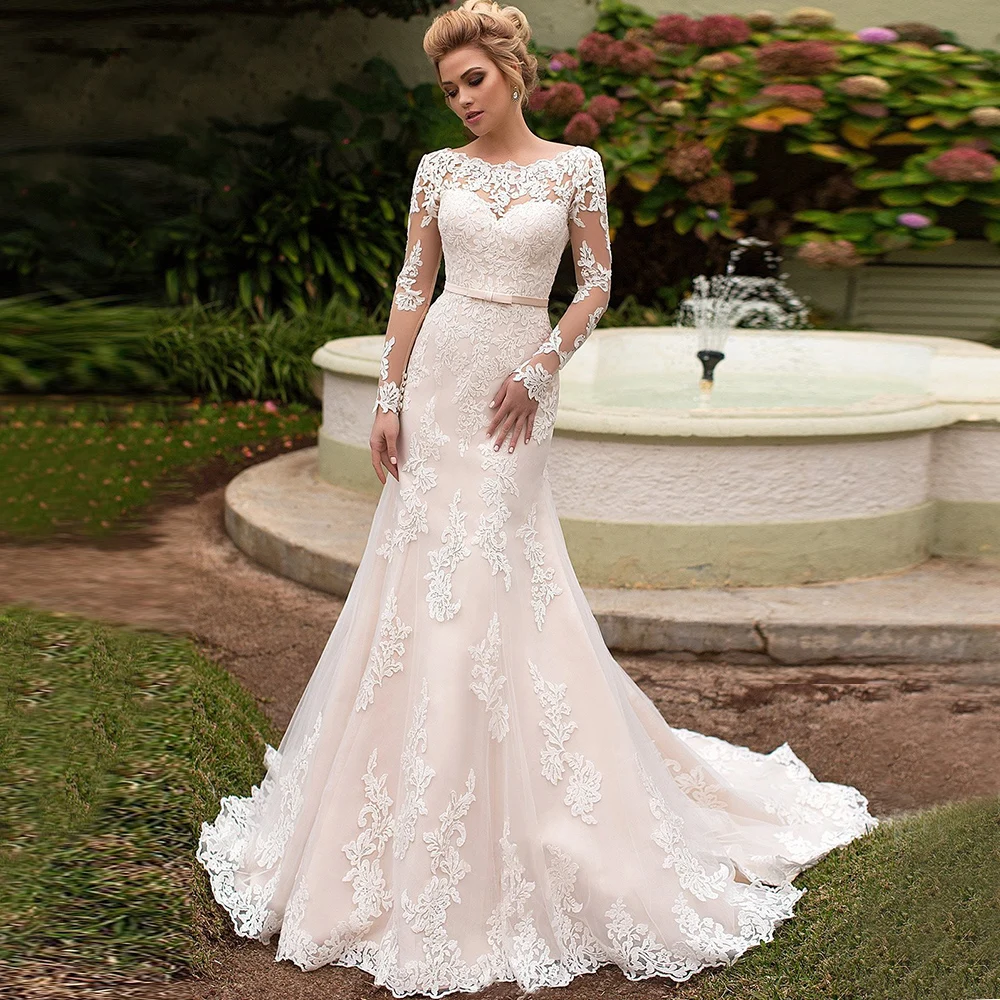 

Mermaid Wedding Dresses for Bride 2021 A-Line Lace Up Back Appliques Tulle Long Sleeve Court Train Bridal Gowns Robe De Mariée