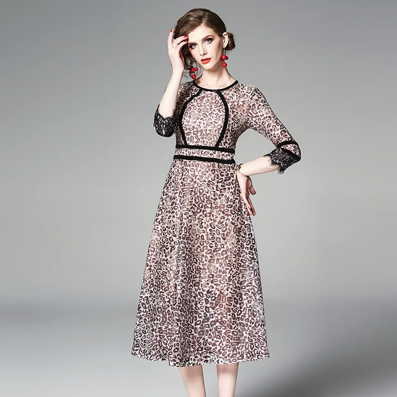 

2021 England Style Elegant Dress O- Neck Three Quarter Sleeves High Empire Waist Slim Flower Print Knee Length Dress