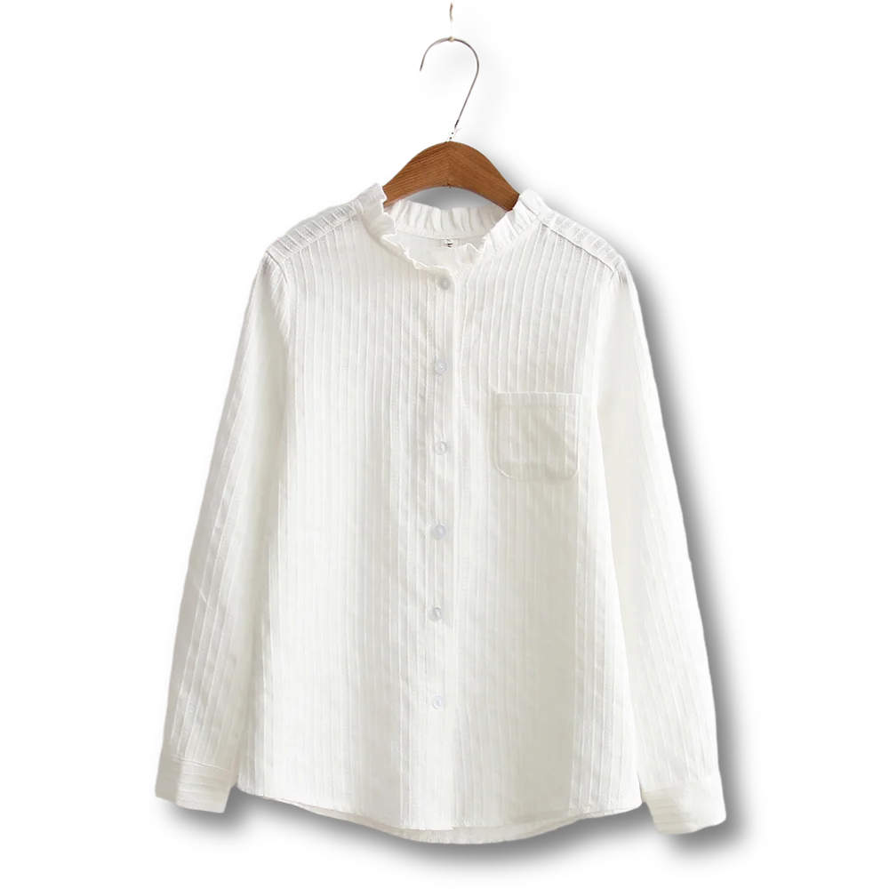 

100% Cotton Office Lady White Shirts Ruffles All Match Buttoming Button 2020 Summer Striped Female Women Shirts Outwears Tops