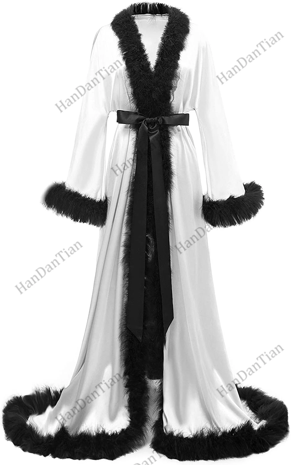 2021 Womens Feather Bridal Robe Luxury Fur Trim Silk Satin Lingerie Dressing Gown Nightgown Long Wedding Scarf
