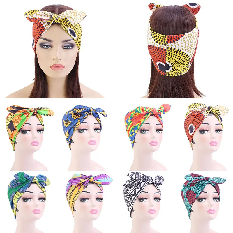 

African Pattern Print Headband for Women Elastic Bow Hair Band Ladies Wraps Scarf Bandana Wide Turban Headwear Hair Accesories