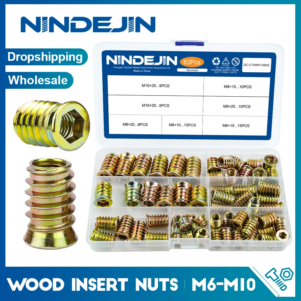 

Wood Insert Nuts M6 M8 M10 Hexagon Wood Threaded Inserts Galvanized Carbon Steel Furniture Screw In Nut Connector 63pcs