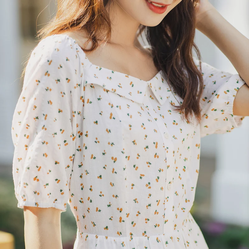 INMAN Summer Elegant White Vintage One Piece Square Collar Reveal Clavicle Shivering Nipped Waist Short Sleeve Floral Dress | Женская