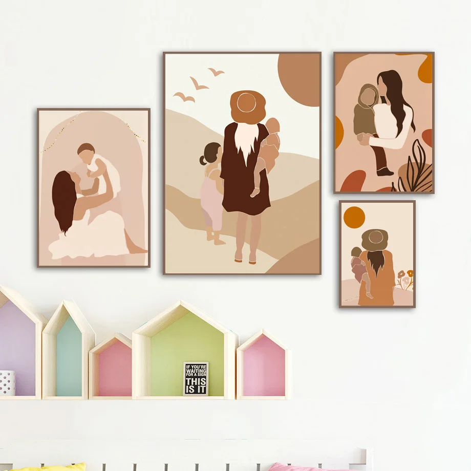 

Абстрактный летний скандинавский постер с милой девочкой мальчиком и мамой, современный настенный художественный принт, Картина на холсте, декоративные картины для гостиной