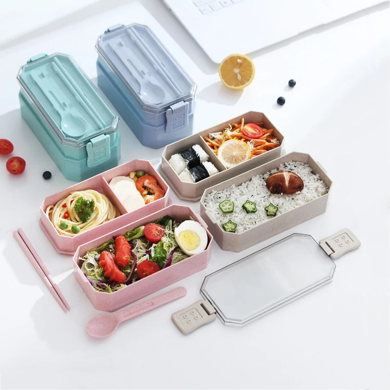 Konco Ланч-бокс из пшеничной соломы с двойной палубой для детей офисный мужской