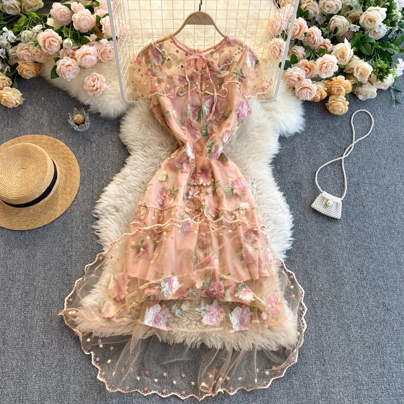 

Women's spring summer runway fashion flower embroidery mesh dress female short sleeve chic travel vintage mesh dress TB1481