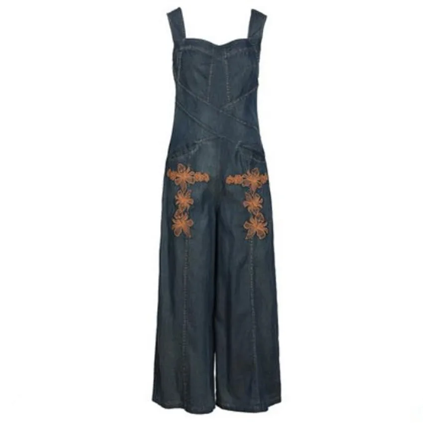 

2021 summer vintage embroidered denim playsuits women spaghetti strap wide leg jeans overalls