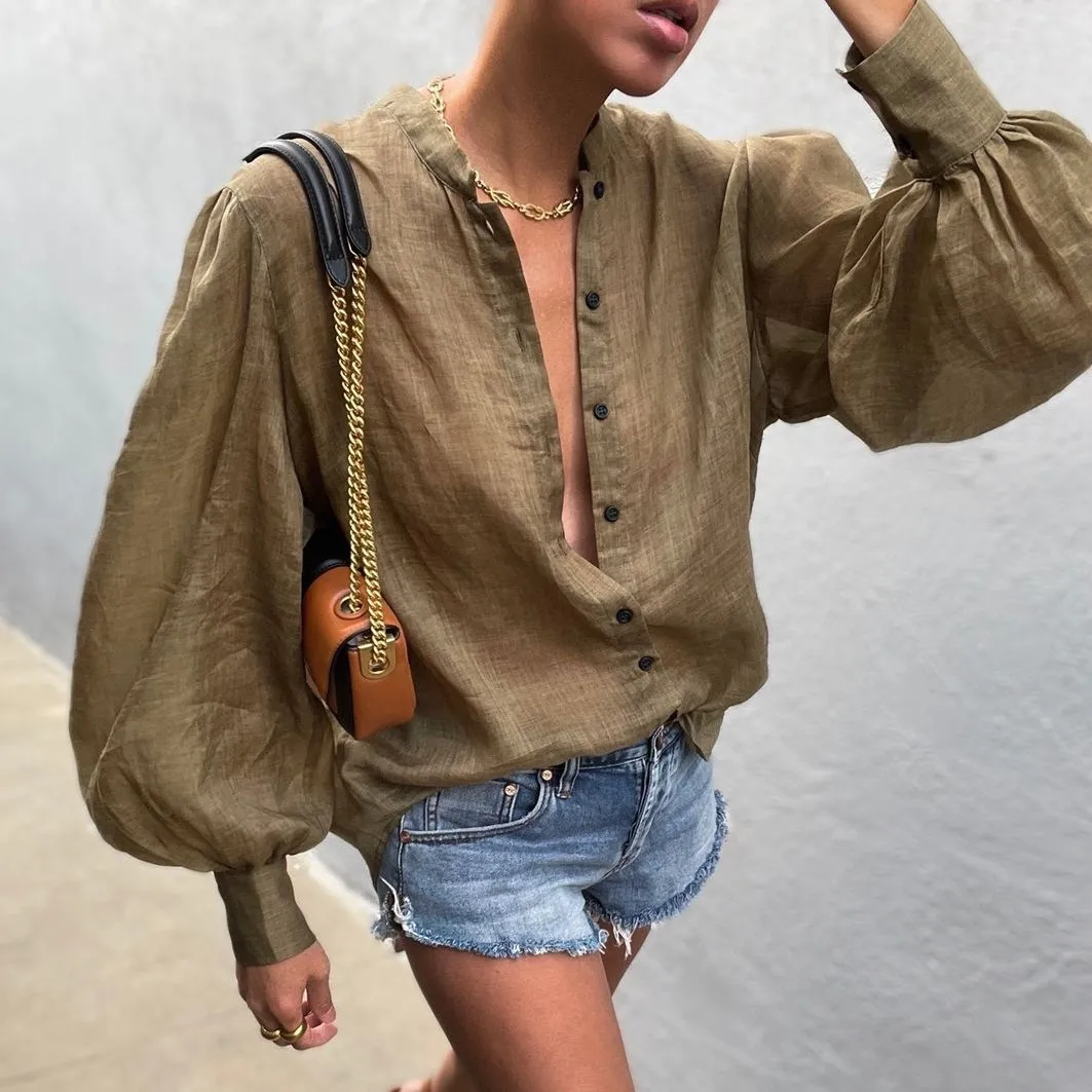 

Autumn Women’s Sexy Casual Puff Sleeve Shirt Ladies Female Elegant Solid Color Stand Collar Single-breasted Cardigans Blouse