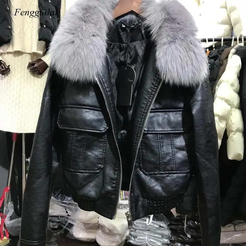Big Hight Quality Fox Fur Collar 2020 New Women Winter Warm Faux Leather Jackets Motorcycle Pu Leather Jacket Female Warm Coats enlarge