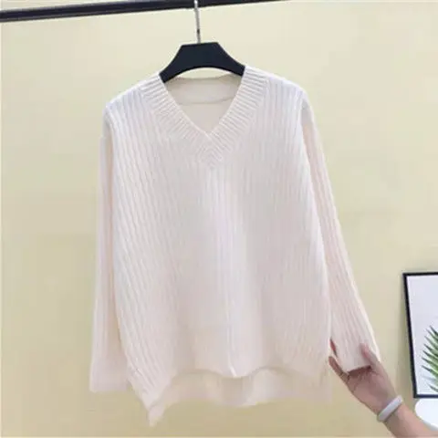 Женский свободный Трикотажный свитер с v-образным вырезом однотонный эластичный