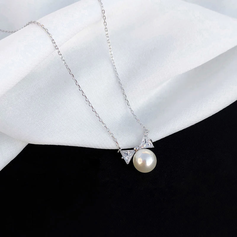

925 Sterling Silver Pearl Necklace New Bow Fashion Simple Jewelry Chain In Japan and South Korea