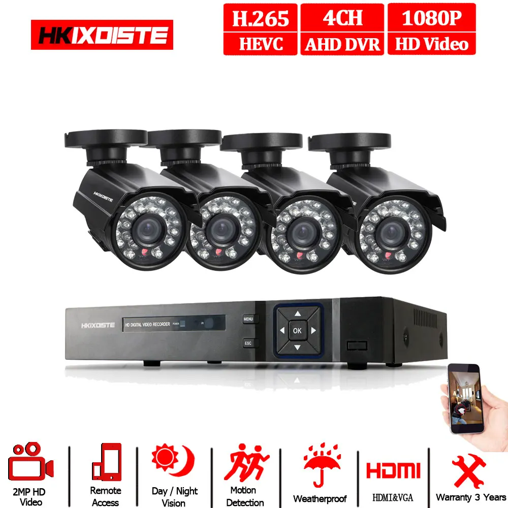 4CH система видеонаблюдения 1080P HDMI выход Видеонаблюдение DVR комплект с 4 шт 1080P домашняя камера видеонаблюдения системы безопасности 2.0MP AHD камера - Цвет: Черный