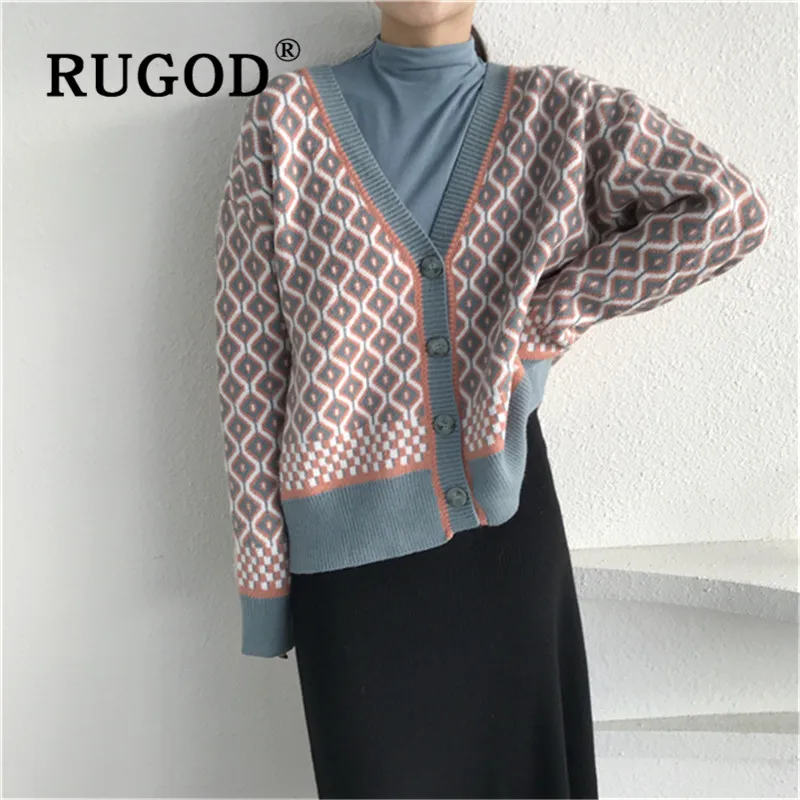 RUGOD новый корейский стиль Шикарный свободный Diomand узор вязаный кардиган