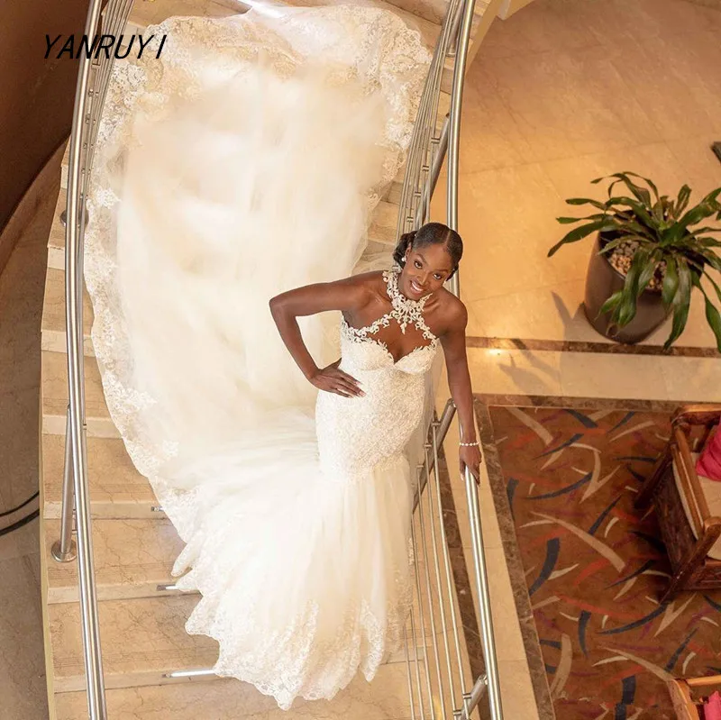 

2021 Arabic Aso Ebi Vintage Lace Beaded Mermaid Wedding Dresses Sheer Neck Bridal Dresses Sexy Court Train Wedding Gowns Vestido