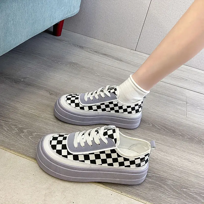 

QWEEK 2021 Sneakers Shoes Women Platform Black and White Checked Causal Canvas Girl Tenis Punk Vulcanize Female Flats Footwear