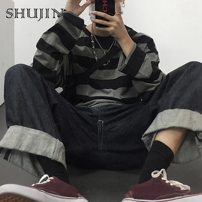 

SHUJIN Harajuku Fashion Striped Long Sleeves T Shirt Loose Vintage Unisex Clothes Minimalist Style Clothes Hip Hop Streetwear