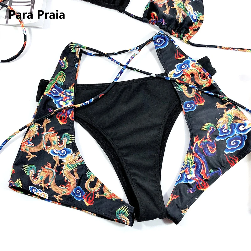 Купальник бикини женский летний из 3 предметов с цветочным принтом и завышенной