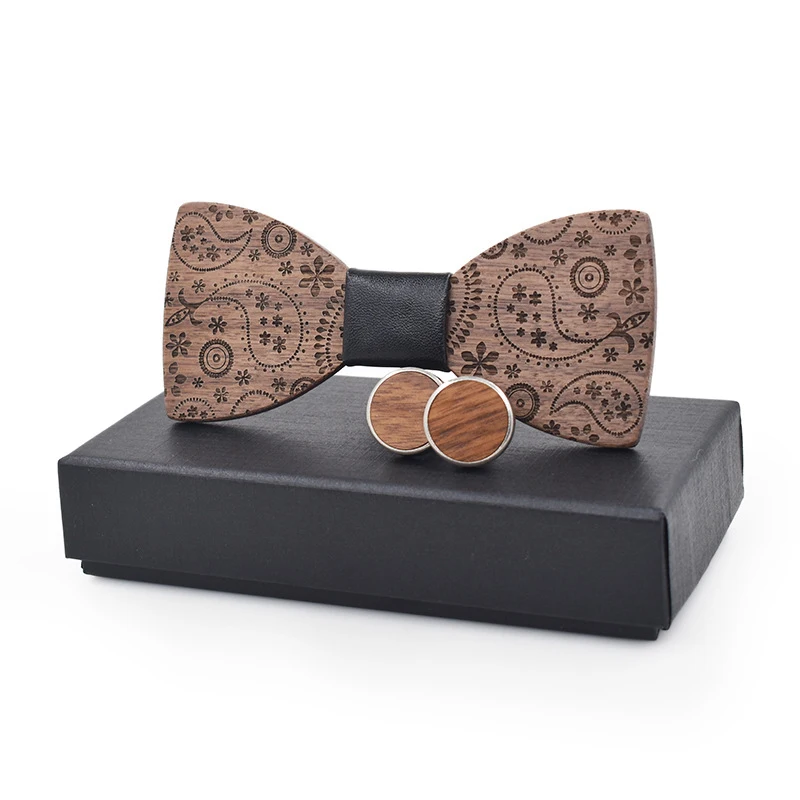 

Linbaiway Hot Wooden Bow Tie Cufflinks Set for Men's Wood Bowtie Brand Business Neckties for Wedding Groom Handmade Shirt Tie