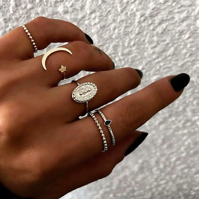 

2021 Retro Summer 5pcs/set Fairy Girlfriend Colored Gemstone Ring Korean Popular Women's Party Ring Jewellery