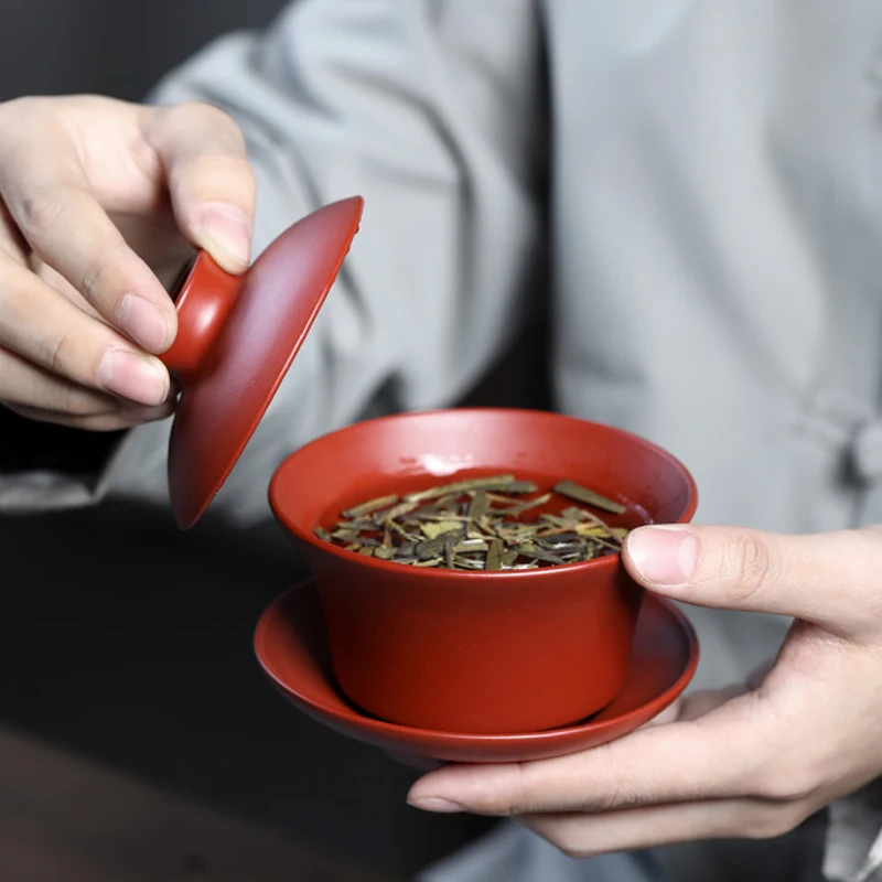 

★TaoYuan 】 yixing purple sand teapot tureen thickening undressed ore dahongpao three cups to tureen 210 cc