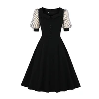 dresses for women 2021 summer puff sleeve button front black vintage retro elegant ladies casual party a line midi dress vestido