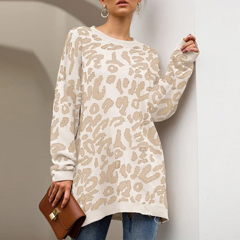 

Женский вязаный Леопардовый свитер в стиле пэчворк, Длинный свободный офисный пуловер с круглым вырезом, привлекательный модный женский дж...