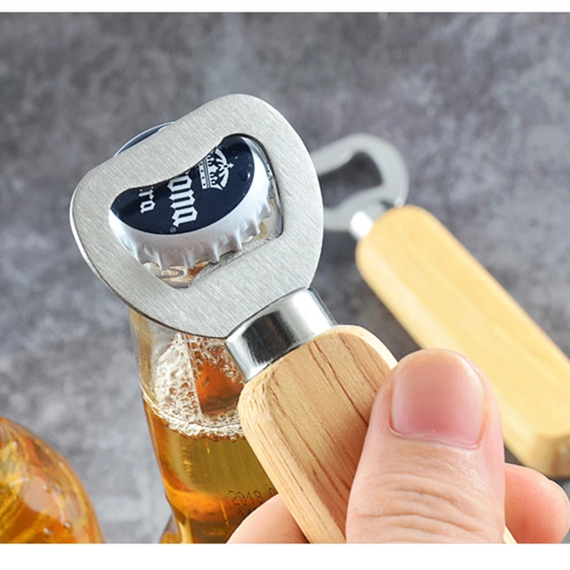 

Portable Stainless Steel Bottle Opener Wood Handle Drink Cap Lid Beer Bottle Opener Easy to Carry Launcher Kitchen Gadget Tools