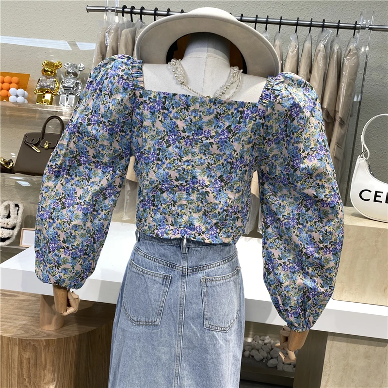 

Niche Design 2021 High Waist Navel Floral Top Gentle Goddess Fan Temperament Bubble Sleeve Fold Square Collar Slim Top