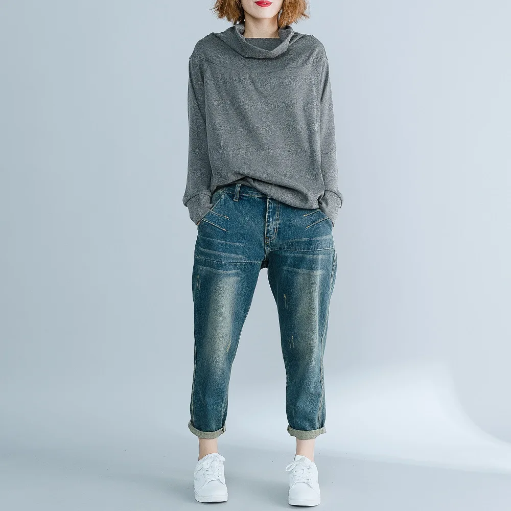 Осенне-зимние повседневные Серые Черные базовые футболки Лоскутная водолазка