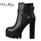 Onlymaker Женская матовая обувь на платформе черного цвета на не сужающемся книзу высоком массивном каблуке с молнией сбоку; Ботильоны размера плюс;