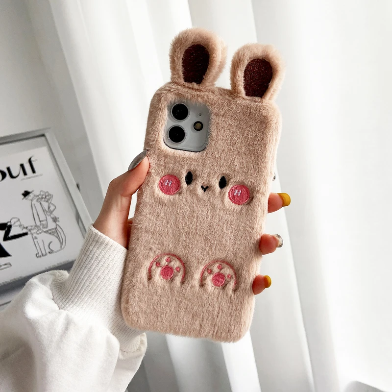 

Cute Cartoon Rabbit Soft Furry Phone Case For iPhone 13 12 11 Pro Max Case Winter Warm Plush Cover For 7 8 Plus X Xs Max Xr Capa
