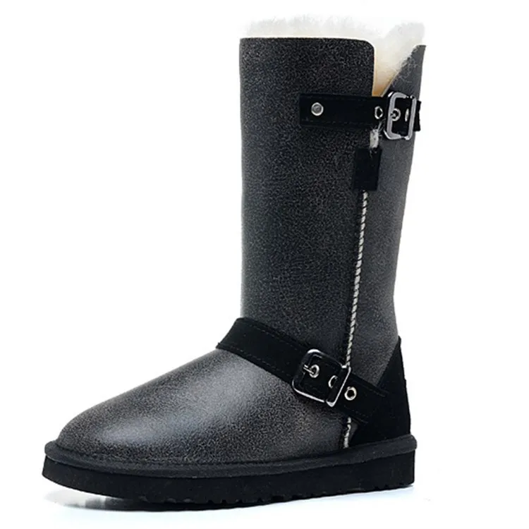 Зимние утепленные сапоги из натуральной кожи меховые модные до колена с пряжкой