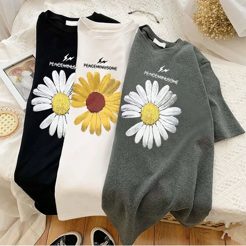 

Summer Cotton T -shirt Casual Loose Short Sleeve Tops Women 2021 Printed Wild Bottoming Shirt Daisies Tee Oversized Tshirt