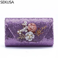 purple color sequined women evening bas flower fashion lady wedding party day clutch shell pearl shoulder holder