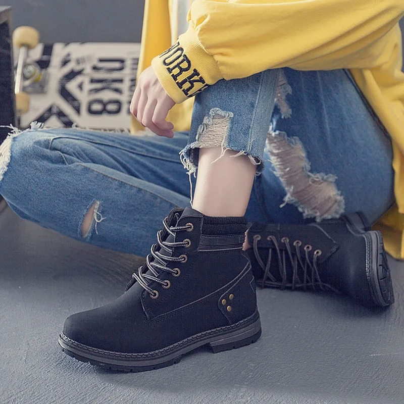 Ботинки женские зимние на шнуровке из ПУ кожи водонепроницаемые|Женские