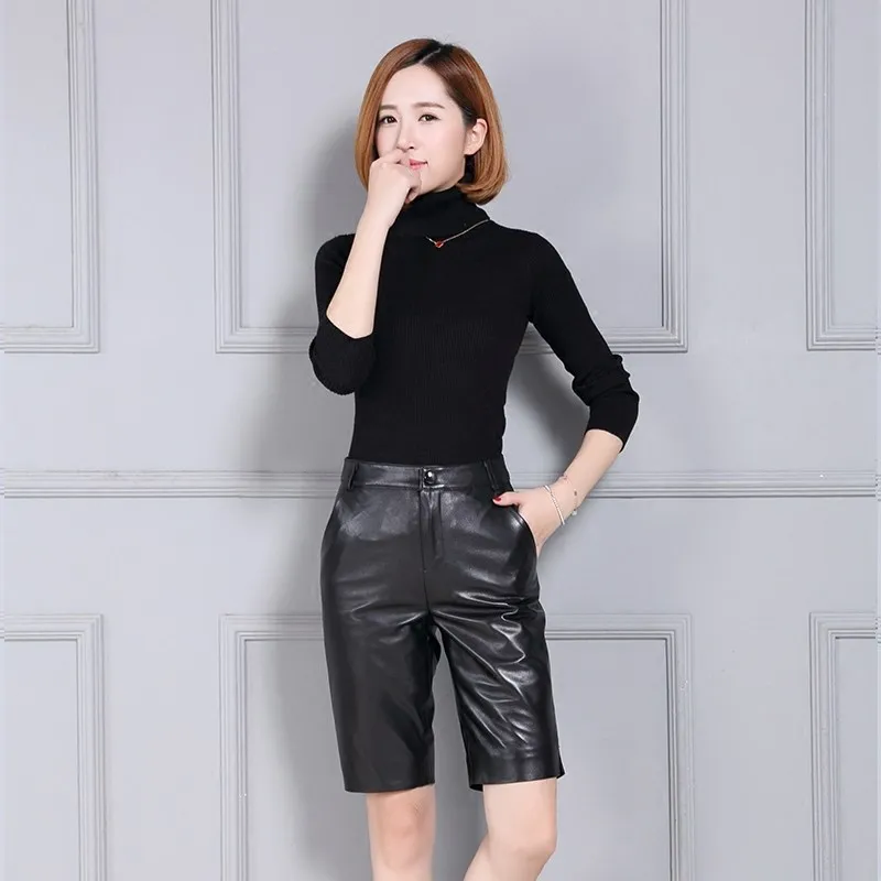 Fashion New Womens Genuine Leather High Waist Knee Length Shorts Pockets Office Lady Korean Style Slim Casual Sheepskin Shorts