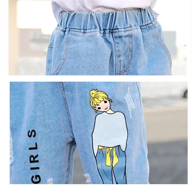 

2021 Fashion Cartoon Jeans for Girls Teenage Children Jeans Elastic Waist Denim Pants Kids Trousers for Girls Kids Clothes 4-13T