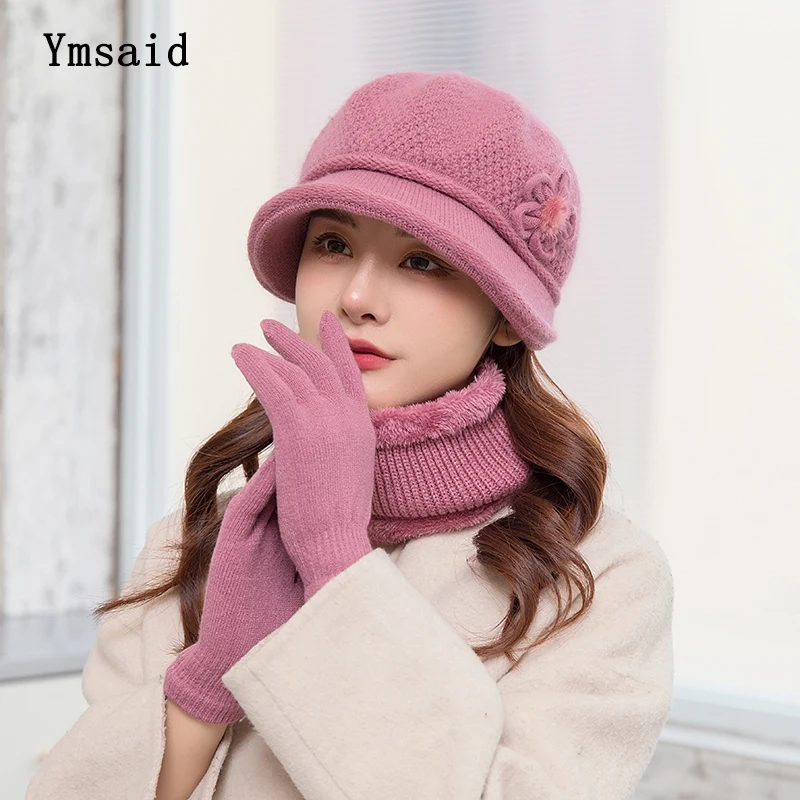 

New Ladies Winter Hat Thicken Warm Windproof Knitted Cap Scarf Gloves Set For Women Elegant Rabbit Fur Bucket Hat Mother Gift