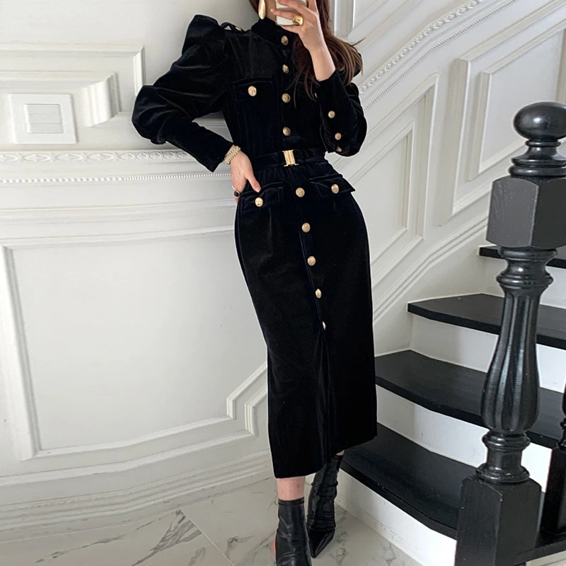 

Autumn Winter 2021 Fashion Golden Button Black Dress for Women Chic Vintage Maxi Dresses Ladies Office Business Korean Clothing