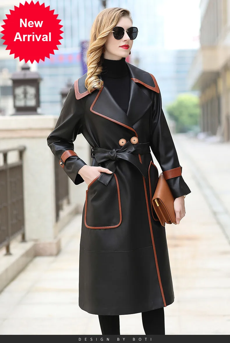 

2020 autumn winter slim fit fashion sheep leather coat mid-length lace-up temperament leather windbreaker for women