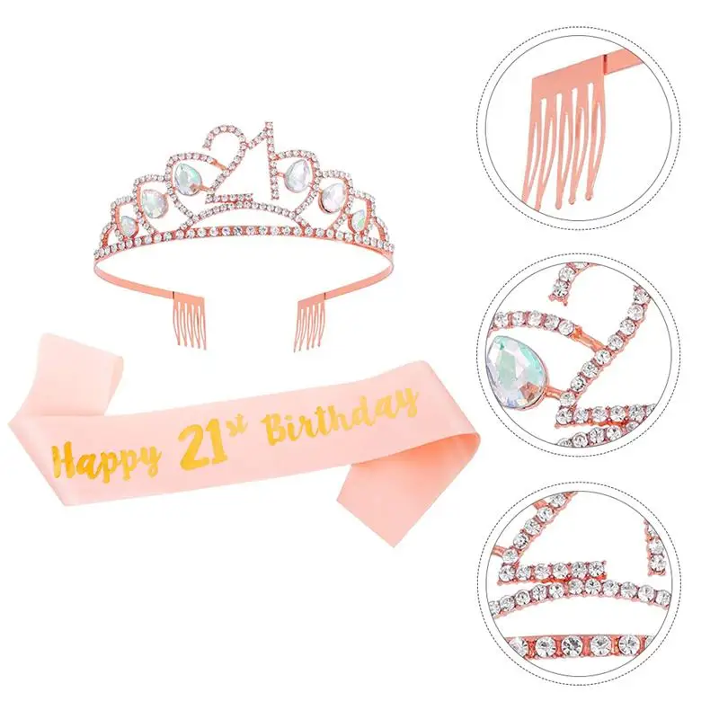 

1Set Birthday Decorative Crown with Sash Party Girl Headdress Shoulder Strap