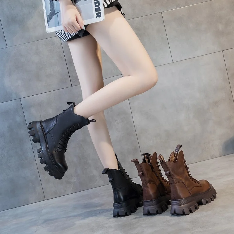

Winter Women Ankle Boots Black Leather 2021 Fashion Autumn Warm Fur Motorcycle Non-slip Waterproof Female Platform Boots Shoes