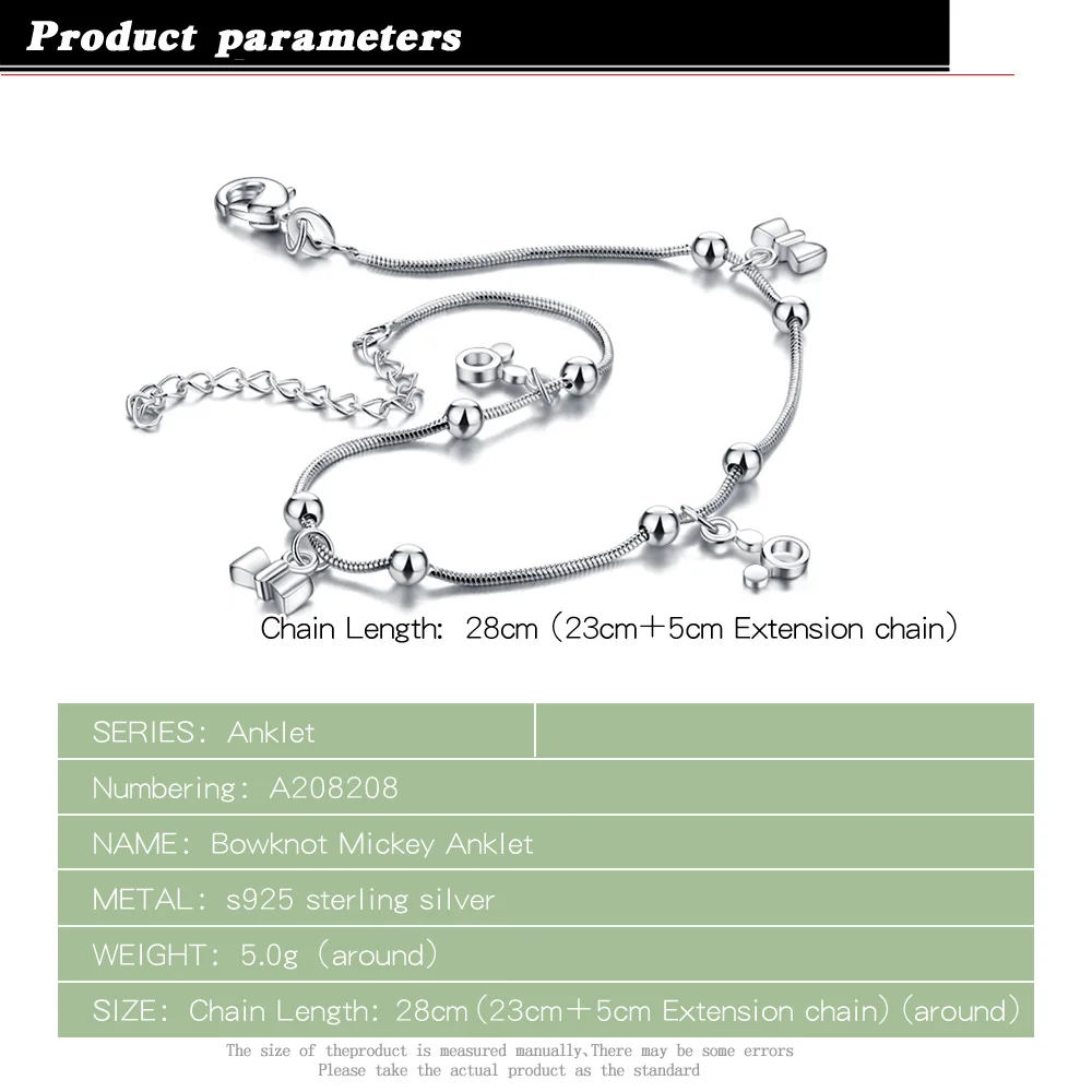 Женские 925 ножные браслеты из стерлингового серебра с прелестным бантом кулон