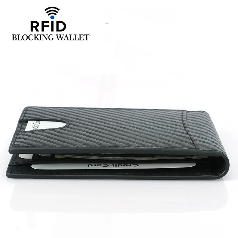 New RFID Blocking Slim Carbon Fiber Leather Wallet With A Clip Men ID Card Holder Front Pocket Bifold Male Metal Clamp For Money images - 6