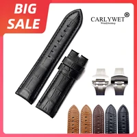 carlywet 22 24mm top luxury leather vintage real calf crocodile grain thick wrist watch band belt silver black clasp for panerai