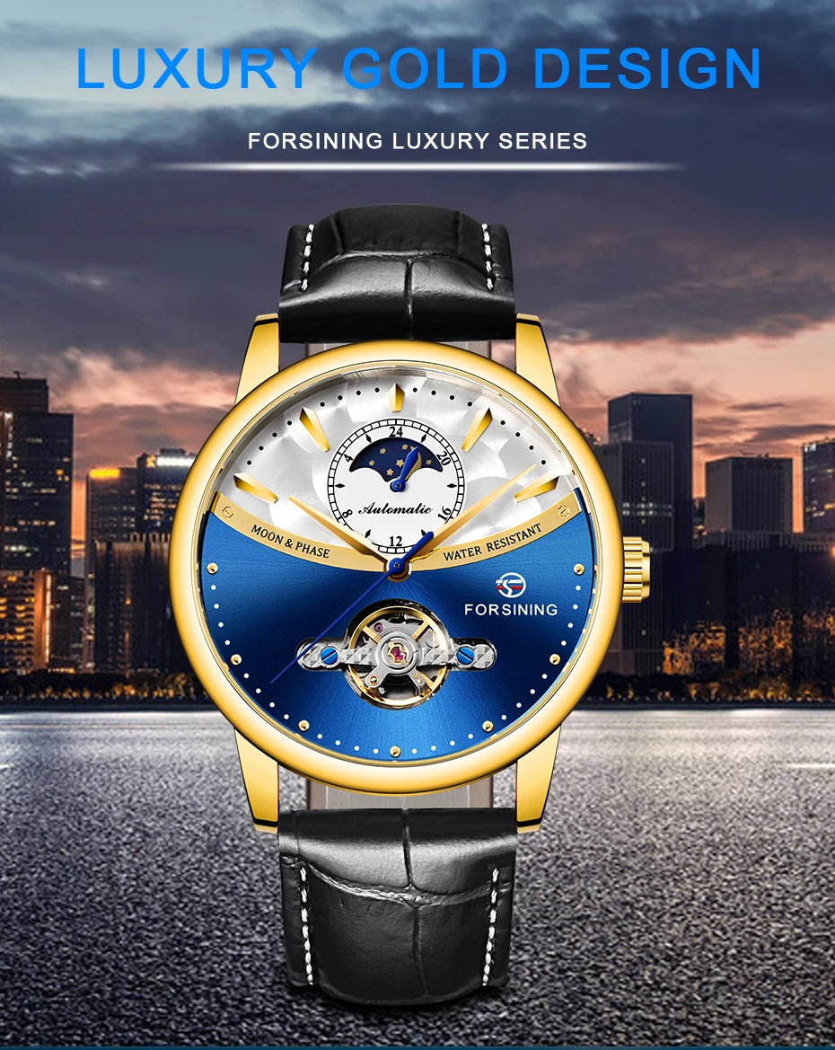 Forsining Tourbillon синие автоматические часы мужские классические Moonphase Дизайн Натуральная кожа Ремешок Водонепроницаемый Бизнес наручные часы подарок