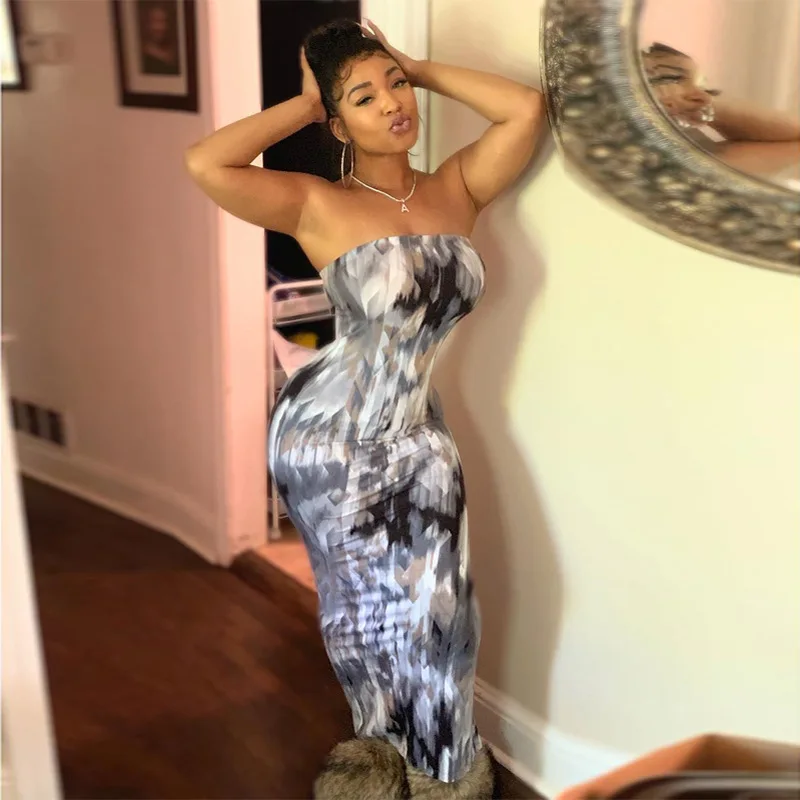 

Echoine Summer Strapless Long Maxi Dress Women Sexy Bodycon Skinny Party Night Club Dresses Tie Dye Print Vintage Vestidos New