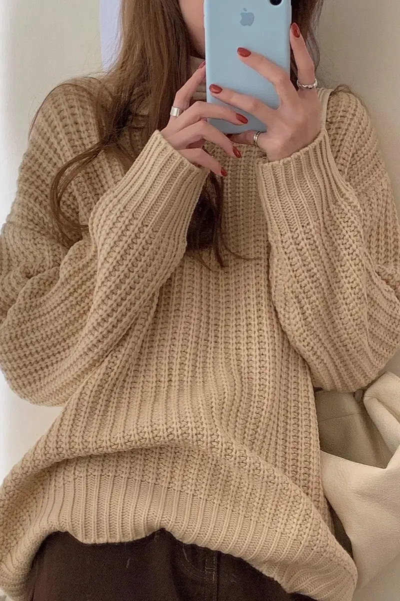 

Korean version of the new autumn and winter Korean loose and versatile slimming solid round neck pullover sweater