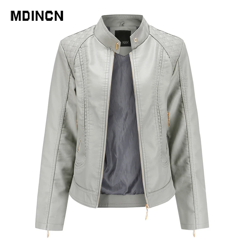 Женская кожаная куртка с воротником-стойкой однотонная верхняя одежда из